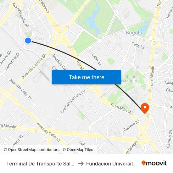 Terminal De Transporte Salitre (Kr 68d - Cl 22c) to Fundación Universitaria Empresarial map