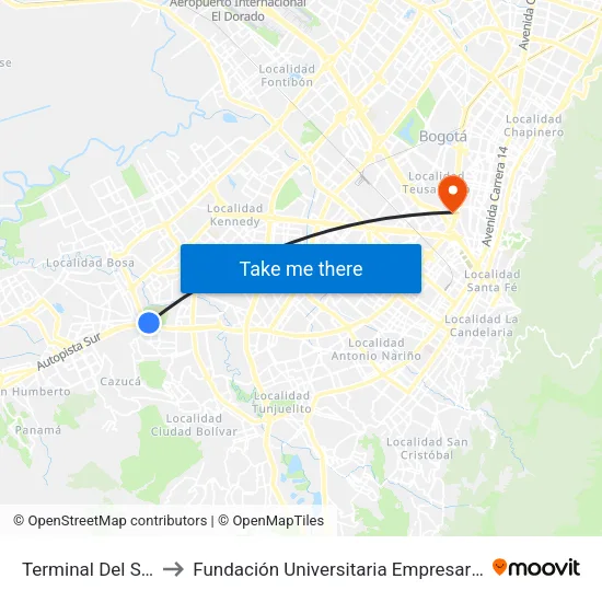 Terminal Del Sur to Fundación Universitaria Empresarial map