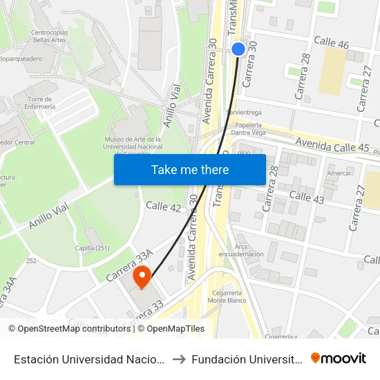 Estación Universidad Nacional (Av. NQS - Cl 45a) to Fundación Universitaria Empresarial map