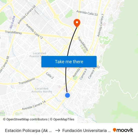 Estación Policarpa (Ak 10 - Cl 2 Sur) to Fundación Universitaria Empresarial map