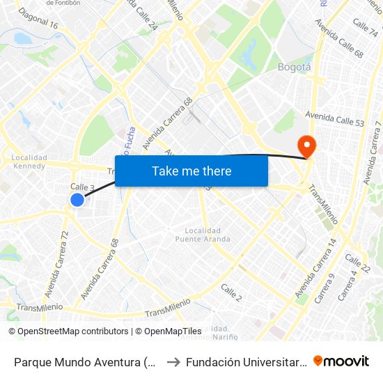 Parque Mundo Aventura (Kr 71d - Cl 1a Sur) to Fundación Universitaria Empresarial map