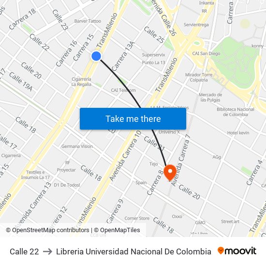 Calle 22 to Libreria Universidad Nacional De Colombia map