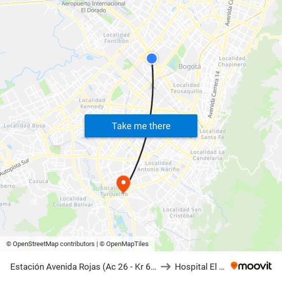 Estación Avenida Rojas (Ac 26 - Kr 69d Bis) (B) to Hospital El Tunal map