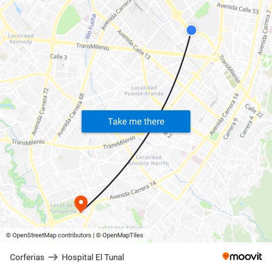 Corferias to Hospital El Tunal map