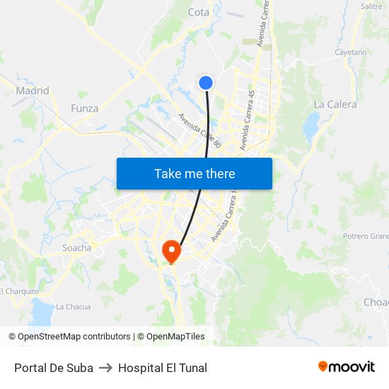 Portal De Suba to Hospital El Tunal map
