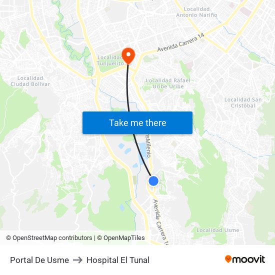Portal De Usme to Hospital El Tunal map