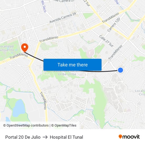 Portal 20 De Julio to Hospital El Tunal map