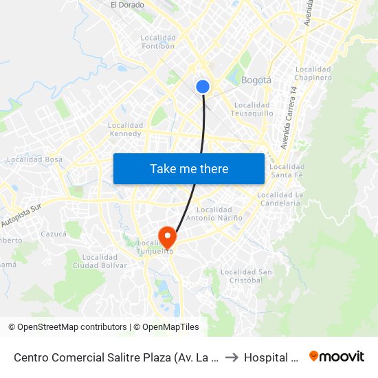 Centro Comercial Salitre Plaza (Av. La Esperanza - Kr 68b) to Hospital El Tunal map