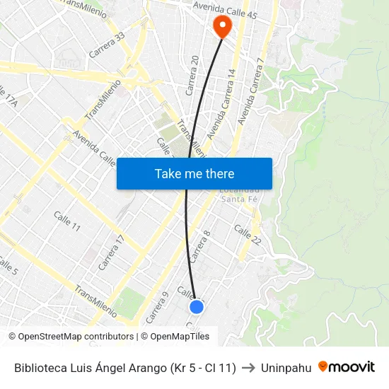 Biblioteca Luis Ángel Arango  (Kr 5 - Cl 11) to Uninpahu map