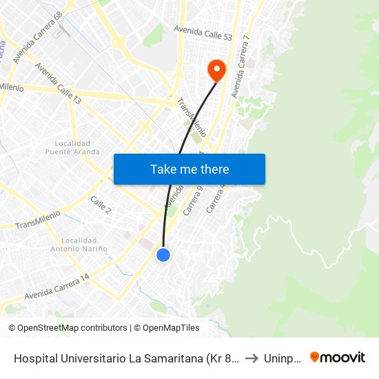 Hospital Universitario La Samaritana (Kr 8 - Cl 0 Sur) to Uninpahu map