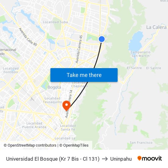 Universidad El Bosque (Kr 7 Bis - Cl 131) to Uninpahu map
