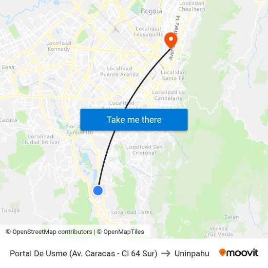 Portal De Usme (Av. Caracas - Cl 64 Sur) to Uninpahu map