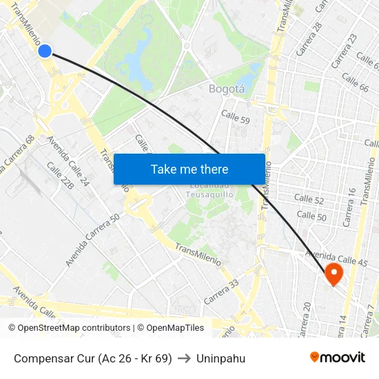 Compensar Cur (Ac 26 - Kr 69) to Uninpahu map
