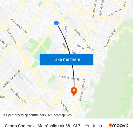 Centro Comercial Metrópolis (Ak 68 - Cl 75a) (C) to Uninpahu map