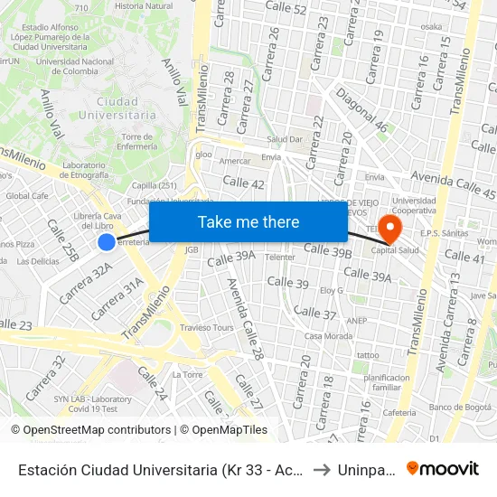Estación Ciudad Universitaria (Kr 33 - Ac 26) to Uninpahu map