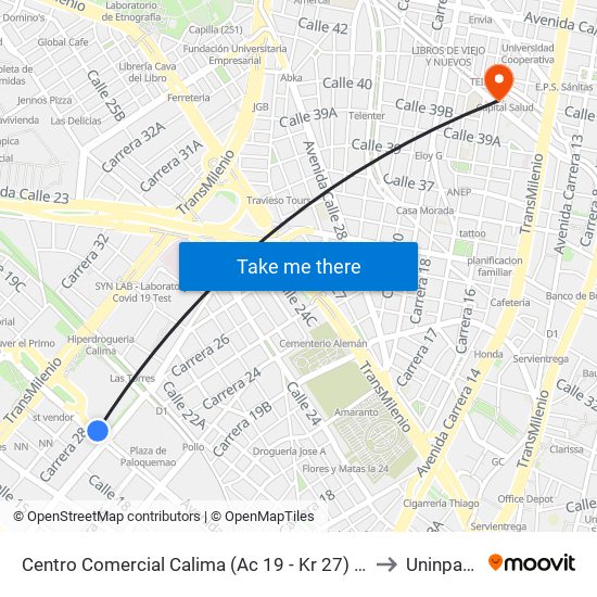 Centro Comercial Calima (Ac 19 - Kr 27) (B) to Uninpahu map