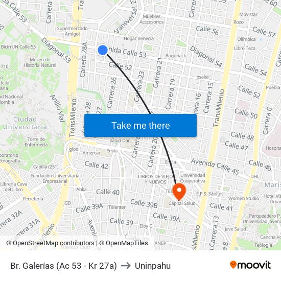 Br. Galerías (Ac 53 - Kr 27a) to Uninpahu map