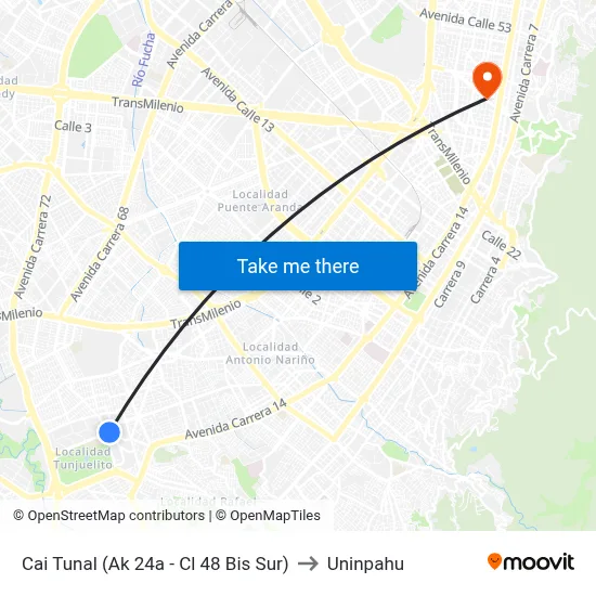 Cai Tunal (Ak 24a - Cl 48 Bis Sur) to Uninpahu map