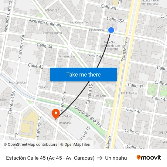 Estación Calle 45 (Ac 45 - Av. Caracas) to Uninpahu map