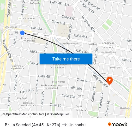 Br. La Soledad (Ac 45 - Kr 27a) to Uninpahu map