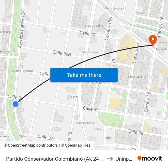 Partido Conservador Colombiano (Ak 24 - Cl 39) to Uninpahu map