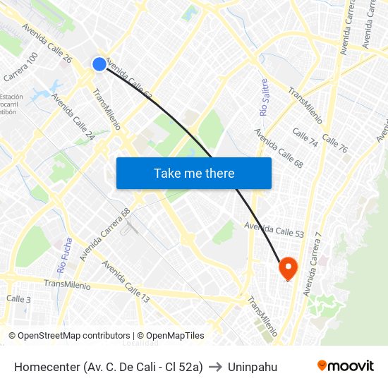 Homecenter (Av. C. De Cali - Cl 52a) to Uninpahu map