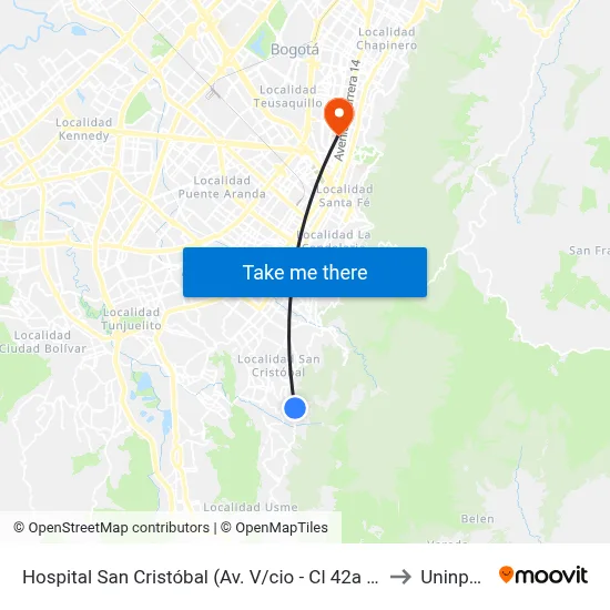 Hospital San Cristóbal (Av. V/cio - Cl 42a Bis Sur) to Uninpahu map