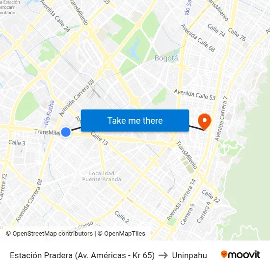 Estación Pradera (Av. Américas - Kr 65) to Uninpahu map