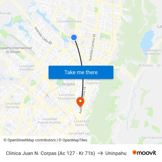 Clínica Juan N. Corpas (Ac 127 - Kr 71b) to Uninpahu map