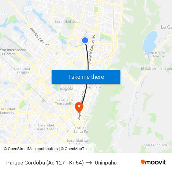 Parque Córdoba (Ac 127 - Kr 54) to Uninpahu map