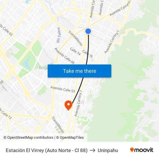 Estación El Virrey (Auto Norte - Cl 88) to Uninpahu map