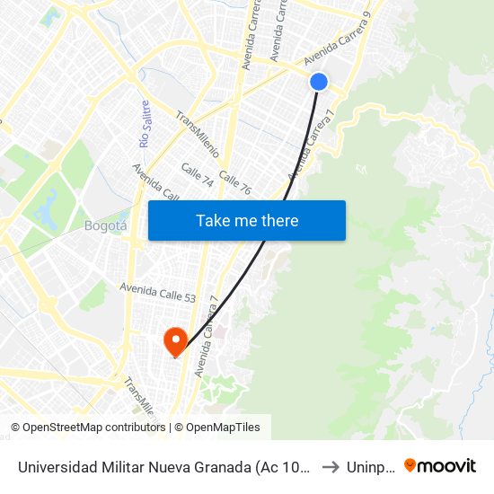 Universidad Militar Nueva Granada (Ac 100 - Kr 10) (A) to Uninpahu map