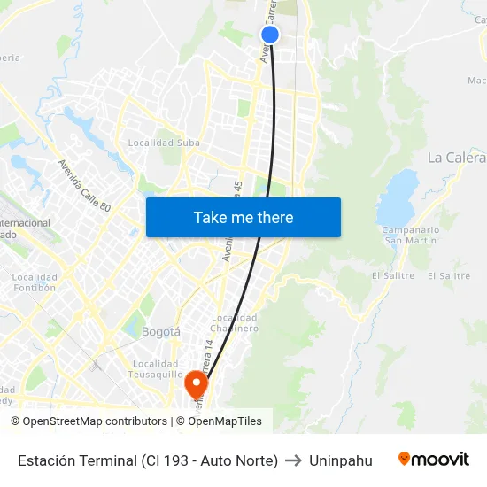 Estación Terminal (Cl 193 - Auto Norte) to Uninpahu map