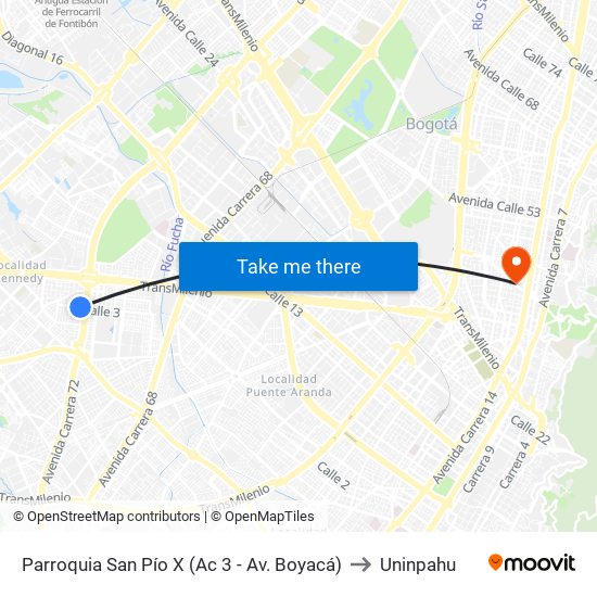 Parroquia San Pío X (Ac 3 - Av. Boyacá) to Uninpahu map