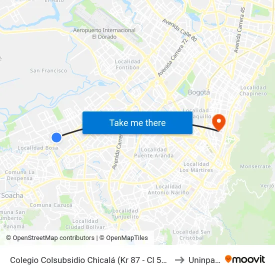 Colegio Colsubsidio Chicalá (Kr 87 - Cl 53c Sur) to Uninpahu map