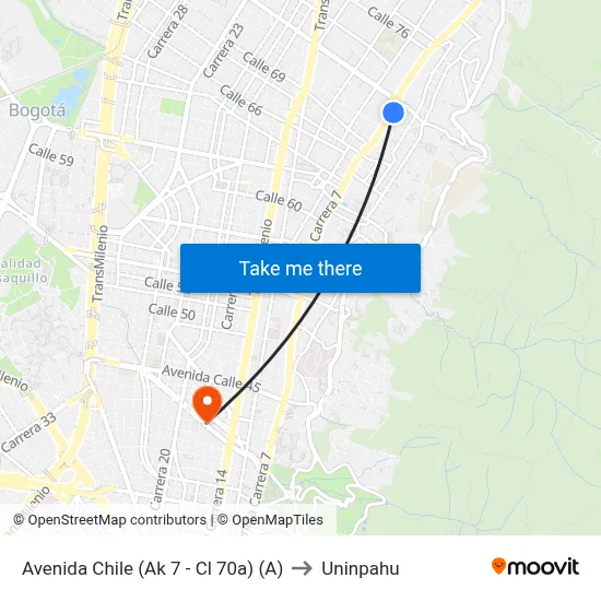 Avenida Chile (Ak 7 - Cl 70a) (A) to Uninpahu map