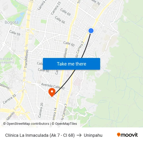 Clínica La Inmaculada (Ak 7 - Cl 68) to Uninpahu map