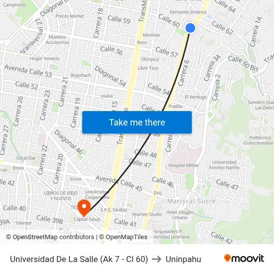 Universidad De La Salle (Ak 7 - Cl 60) to Uninpahu map