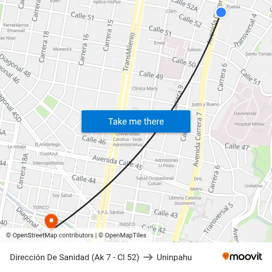 Dirección De Sanidad (Ak 7 - Cl 52) to Uninpahu map