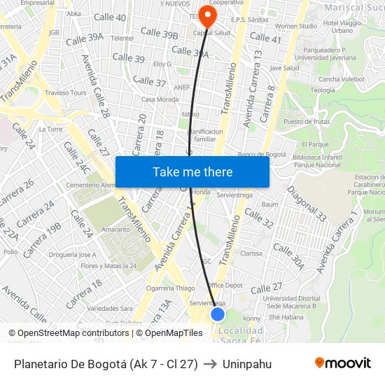 Planetario De Bogotá (Ak 7 - Cl 27) to Uninpahu map