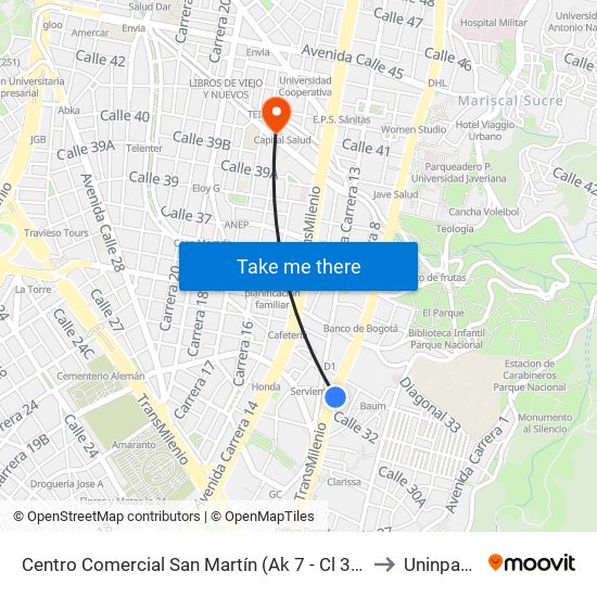 Centro Comercial San Martín (Ak 7 - Cl 32) to Uninpahu map