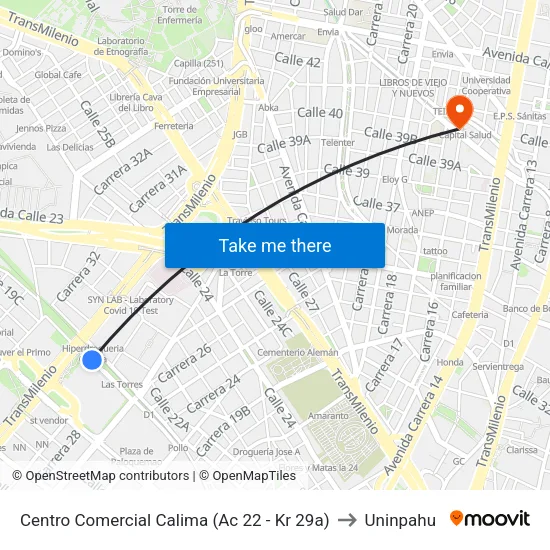 Centro Comercial Calima (Ac 22 - Kr 29a) to Uninpahu map