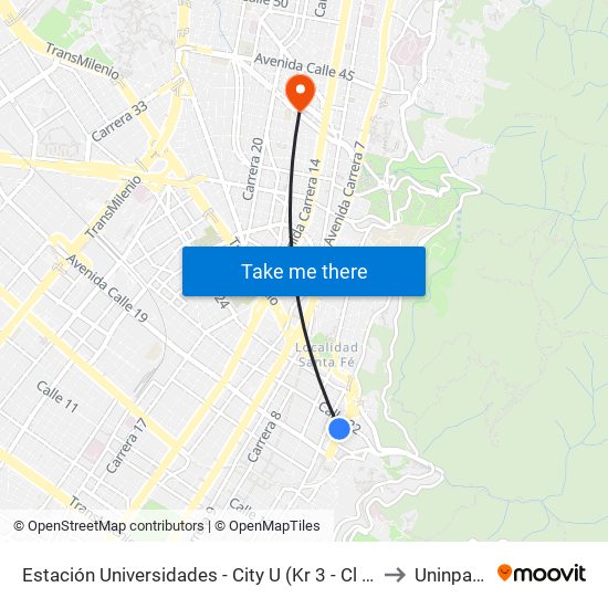 Estación Universidades - City U (Kr 3 - Cl 21) to Uninpahu map