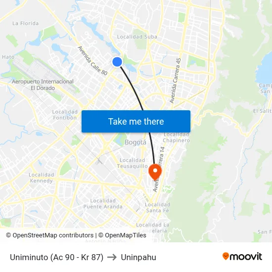 Uniminuto (Ac 90 - Kr 87) to Uninpahu map