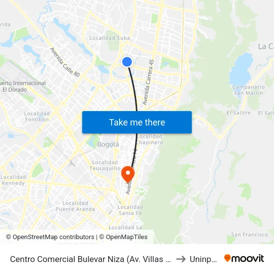 Centro Comercial Bulevar Niza (Av. Villas - Ac 127) to Uninpahu map