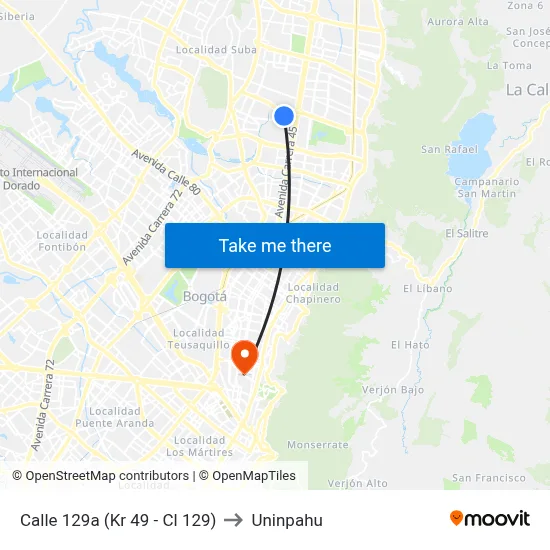 Calle 129a (Kr 49 - Cl 129) to Uninpahu map