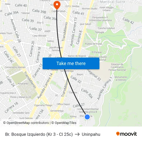 Br. Bosque Izquierdo (Kr 3 - Cl 25c) to Uninpahu map
