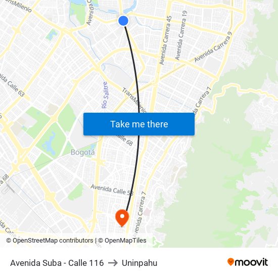 Avenida Suba - Calle 116 to Uninpahu map
