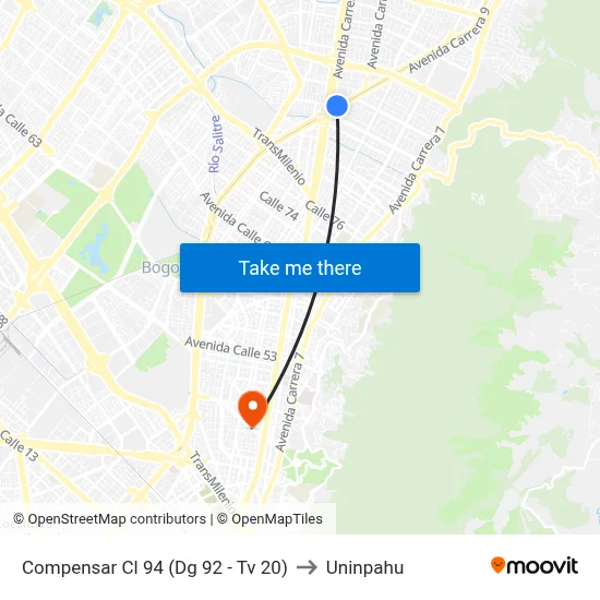 Compensar Cl 94 (Dg 92 - Tv 20) to Uninpahu map