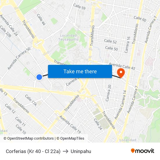 Corferias (Kr 40 - Cl 22a) to Uninpahu map